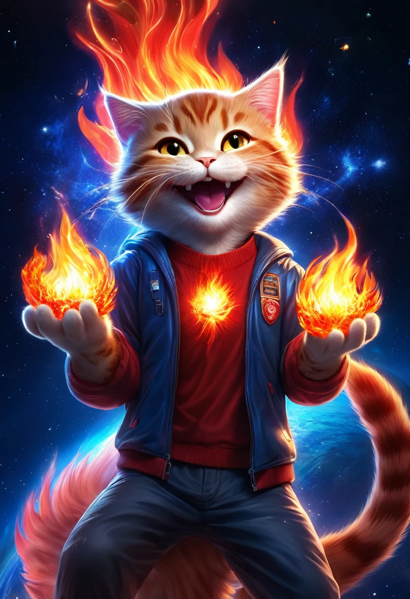 (CG, UHigh resolution, masterpiece, Anatomically correct, Super detailed, Attention to detail, High resolution, Highest quality), High resolution, Digital Art, universe, ((The best smile)), whole body, Cat、A red flame comes from his right hand.、A blue flame erupts from his left hand.