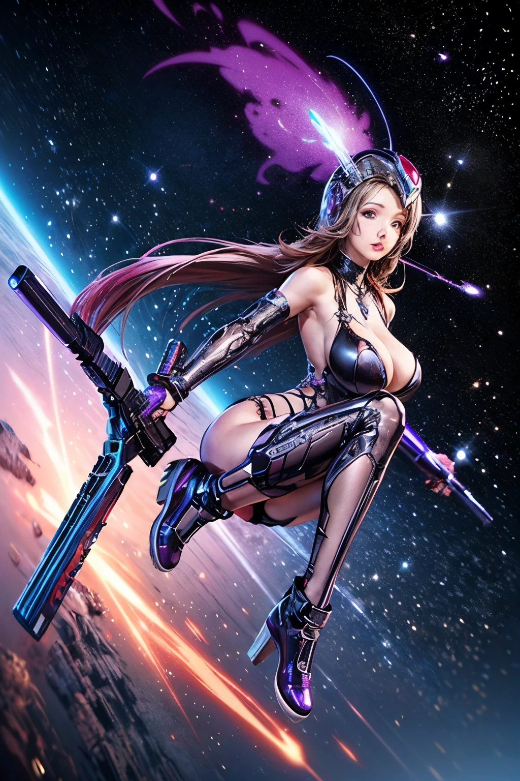 Luciwilde is a sexy cyborg with a entirely electric purple metallic body(obviously mechanical), metal helmet stylized as a fashion model hairdo (no hair visible), and a completely human face. She is flying through space propelled by jets in her feet. She has a guitar with a laser rifle built into it. Full body shot, show all of her, action pose with her weapon, best quality, extreme attention to detail, beautiful face