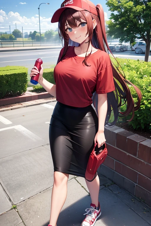 1girl, woman wearing red t-shirt, tight midi pencil skirt black, long length pencil skirt, modest skirt, long brown hair, looking at viewer, full body, walking, smile, blush, sneakers and socks, garden, summer, visor, large bust, holding water bottle, sweat