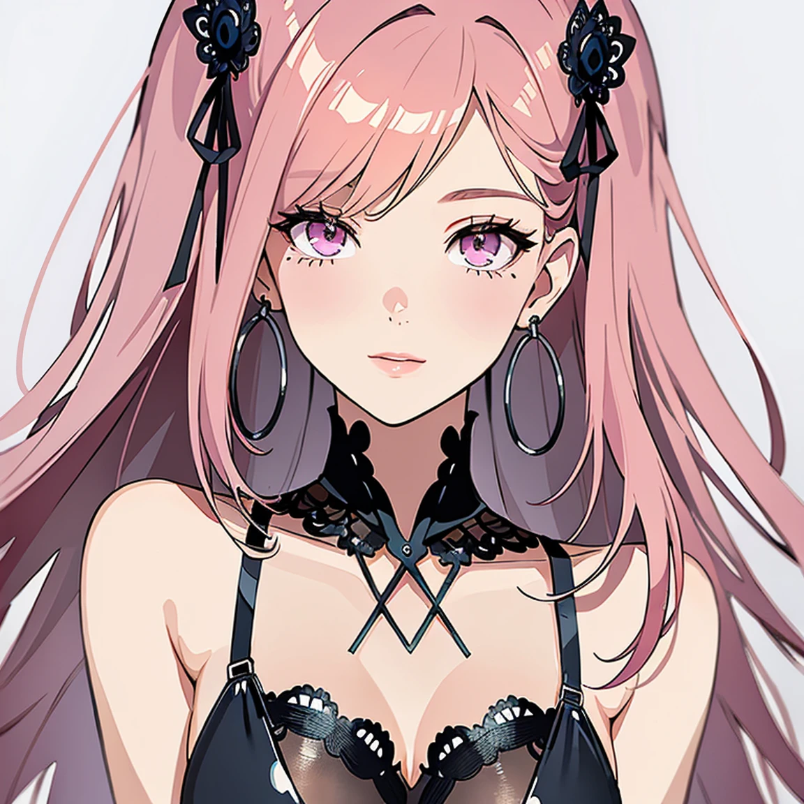 (masterpiece, high quality, best quality, 4k, 8k:1.4), 1girl, solo, pink hair, brown eyes, double-parted bangs, long hair, (mature female, mature:1.2), mole under eye, hoop earrings, revealing gothic dark dress, detailed face, beautiful detailed eyes, beautiful detailed lips, extremely detailed face, long eyelashes, intricate details, soft lighting, soft color pallette, perfect anatomy