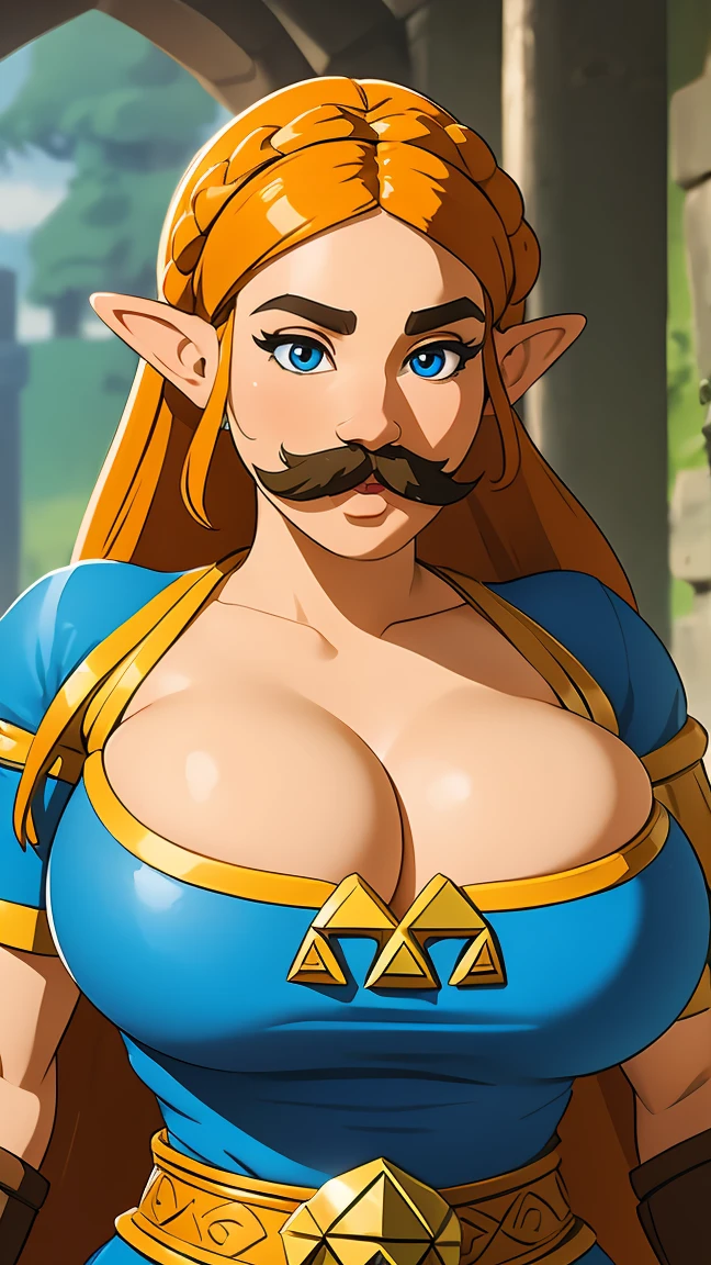 Mustache, big mustache, beard, big beard, ((masterpiece)), ((best quality)), (detailed), perfect, solo, zelda, gorgeous woman, luscious lips, long hair, huge breast, deep cleavage, huge breasts, sexy, 