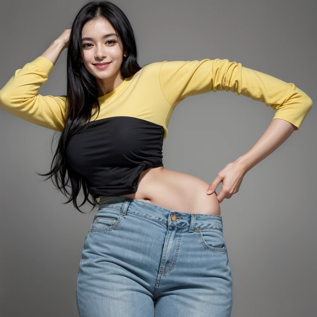 woman, Brazilian, 35 years old, straight black hair, captivating but modest smile. He is wearing a long-sleeved yellow shirt and high-waisted blue pants.
wears white nail polish, posing with one hand on her waist and the other at her side. The dark gray background of the photo highlights your profile
High-quality, hyper-realistic image, 8K Ultra HD