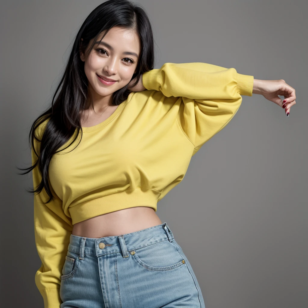 woman, Brazilian, 35 years old, straight black hair, captivating but modest smile.  He is wearing a long-sleeved yellow shirt and high-waisted blue pants.
wears white nail polish, posing with one hand on her waist and the other at her side. The dark gray background of the photo highlights your profile
High-quality, hyper-realistic image, 8K Ultra HD