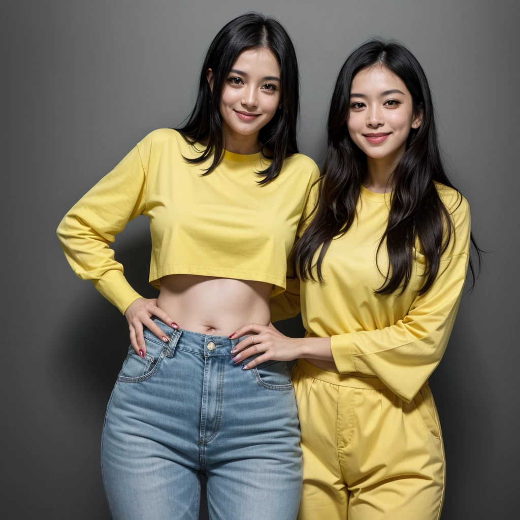 woman, Brazilian, 35 years old, straight black hair, captivating but modest smile. He is wearing a long-sleeved yellow shirt and high-waisted blue pants.
wears white nail polish, posing with one hand on her waist and the other at her side. The dark gray background of the photo highlights your profile
High-quality, hyper-realistic image, 8K Ultra HD