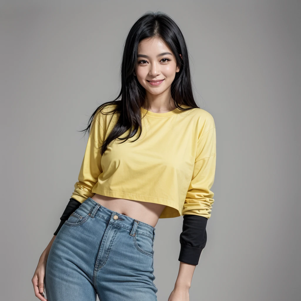 woman, Brazilian, 35 years old, straight black hair, captivating but modest smile. He is wearing a long-sleeved yellow shirt and high-waisted blue pants.
wears white nail polish, posing with one hand on her waist and the other at her side. The dark gray background of the photo highlights your profile
High-quality, hyper-realistic image, 8K Ultra HD