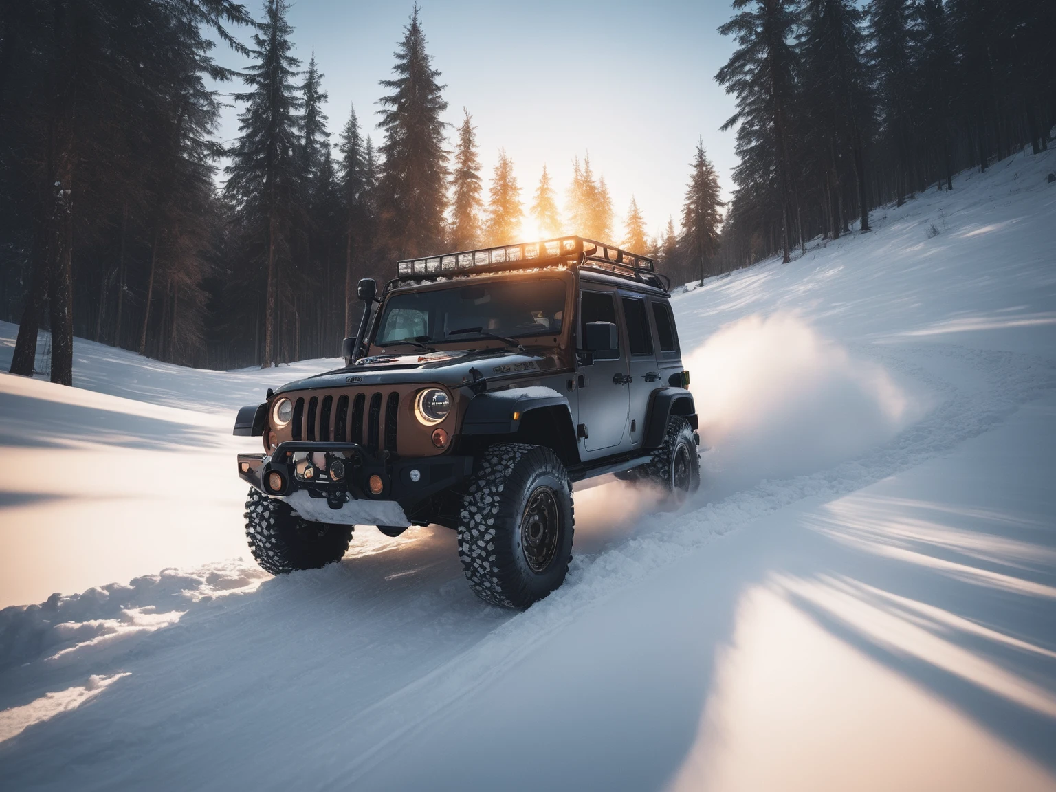 An off-road vehicle,Driving on snow,winter,snow,detail强化,blur background/Bokeh,Bright with natural light,Ray Tracing,Sky,forest,Hill in the distance,Highly detailed environments,Low depth of field,HD,detail,8K,lens flare,Sunlight,