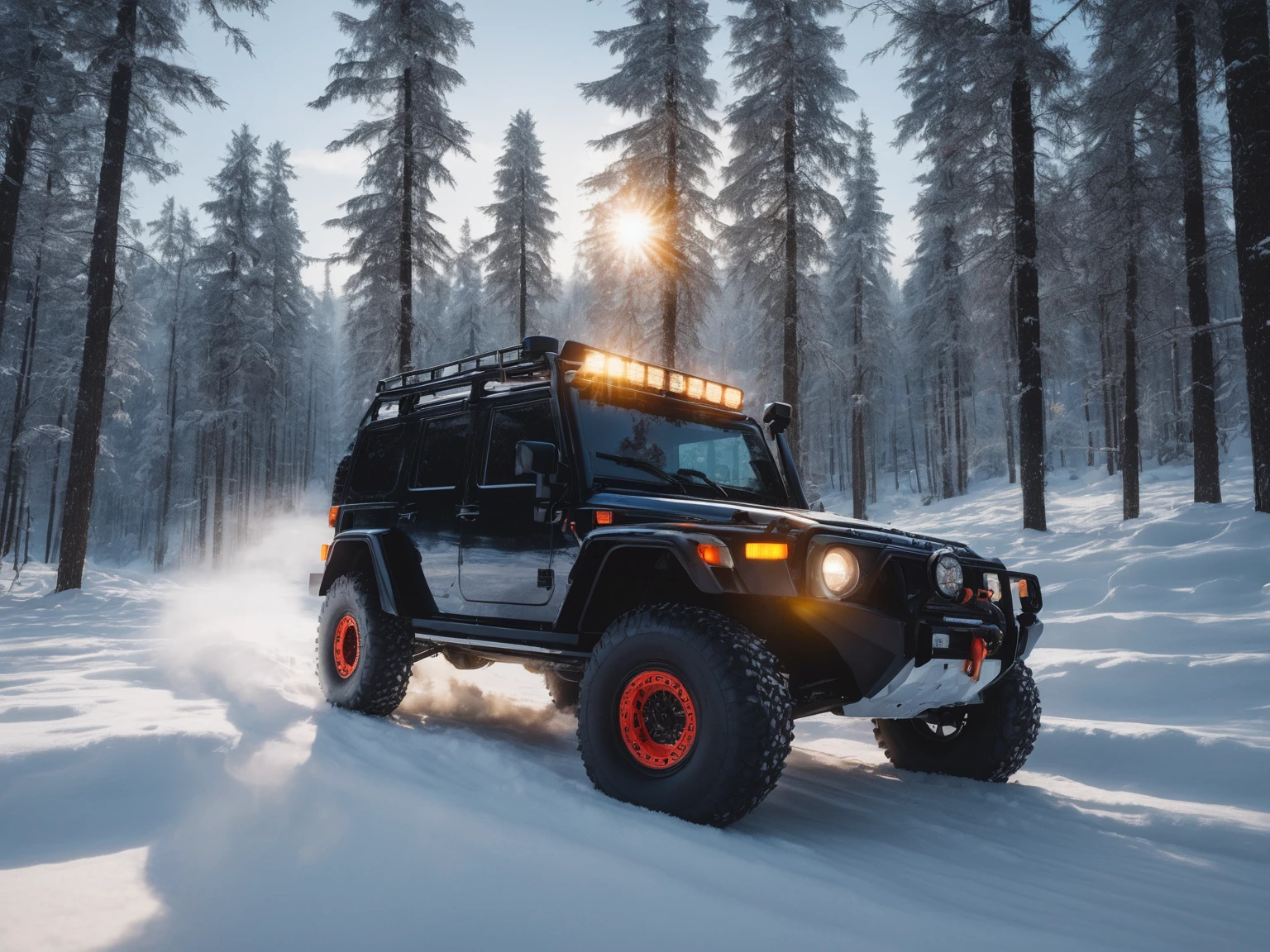 An off-road vehicle,Driving on snow,winter,snow,detail强化,blur background/Bokeh,Bright with natural light,Ray Tracing,Sky,forest,Hill in the distance,Highly detailed environments,Low depth of field,HD,detail,8K,lens flare,Sunlight,