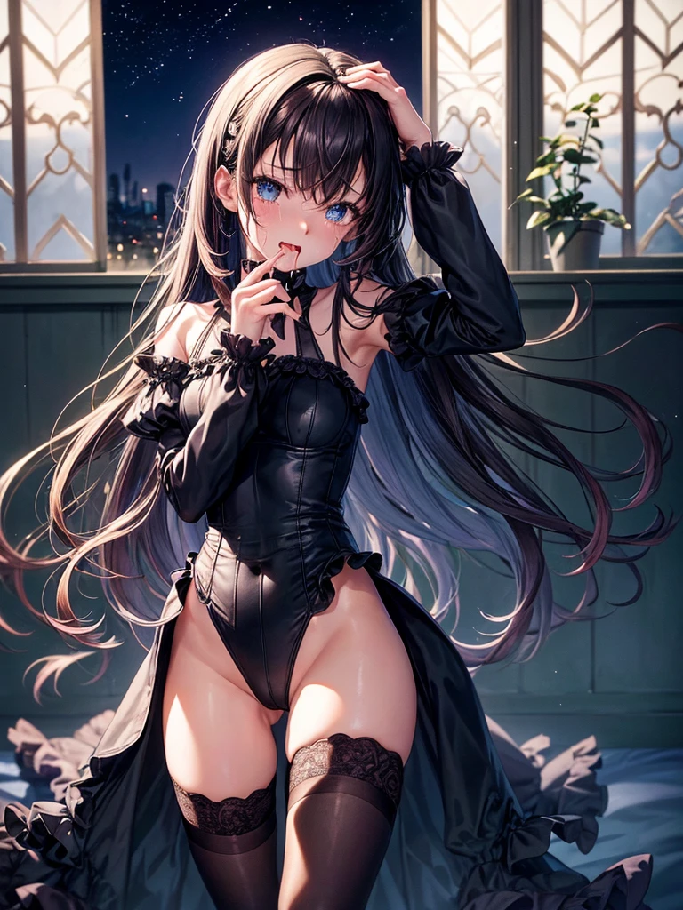 Highest quality,Highest Resolution,A beautiful girl in a gothic leotard crying,High leg,Frills,Very beautiful eyes,Standing posture,whole body,front,Place your hands behind your head.,(((Open your mouth and drool))),Tears,Bedroom,Night view outside the window,Knee-high stockings,