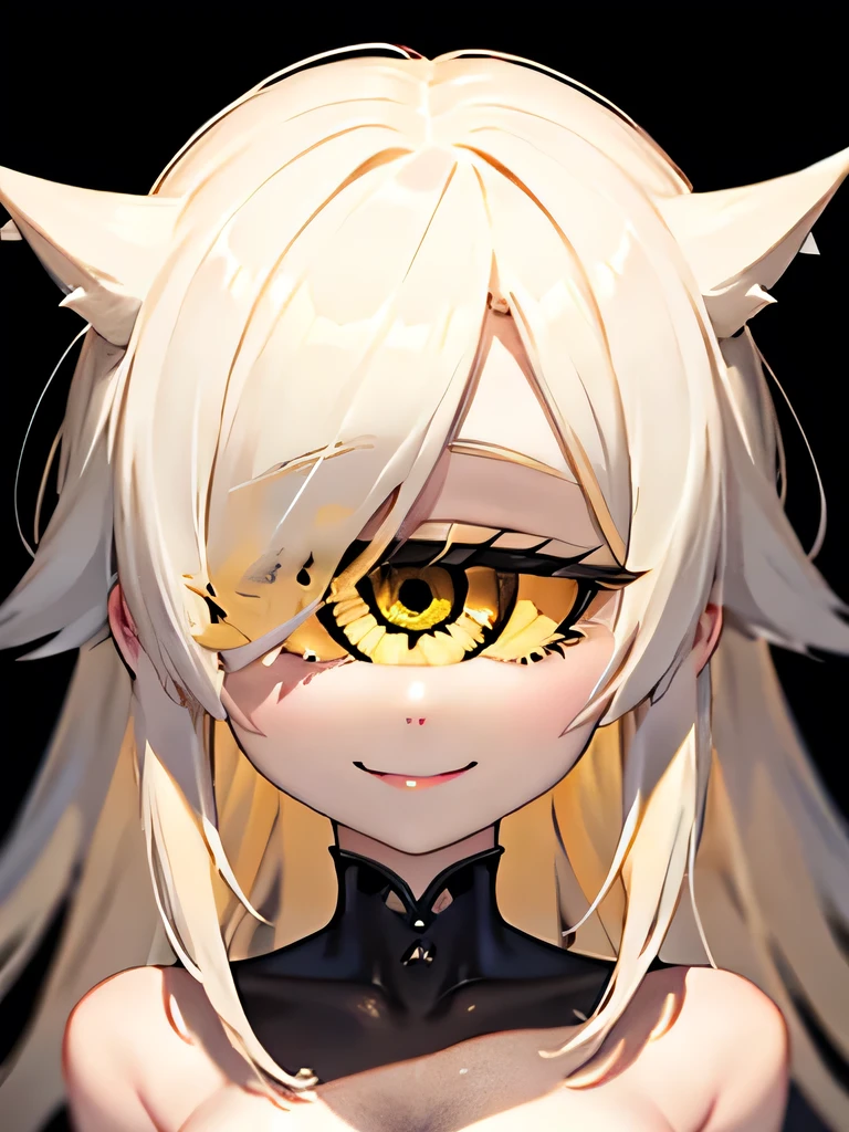 Yellow hair, white hair fade, white skin, yellow eyes, spiky hair, sharp hair, long hair, no bangs, cheery, happy, short, standing, black background, naked, nude, portrait, upper body, face only, closeup, close up, 1 eye, one eye, 1 pupil, one pupil, white scalera