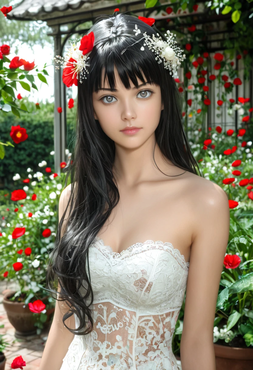 (Chiquita: 1.5), lace, cinta, Hanfu, (work of art, sidelight, dainty and comely gray eyes: 1.2), work of art, realisitic, glare eyes, shiny hair, dark hair, long hair, shining skin, standing alone, weirdcore, strapless, dainty, comely, Garden, flowers, fluttering petals, nsfw