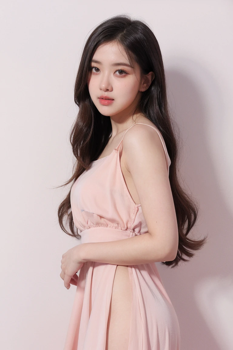 21 year old girl, pink background, beautiful dress
