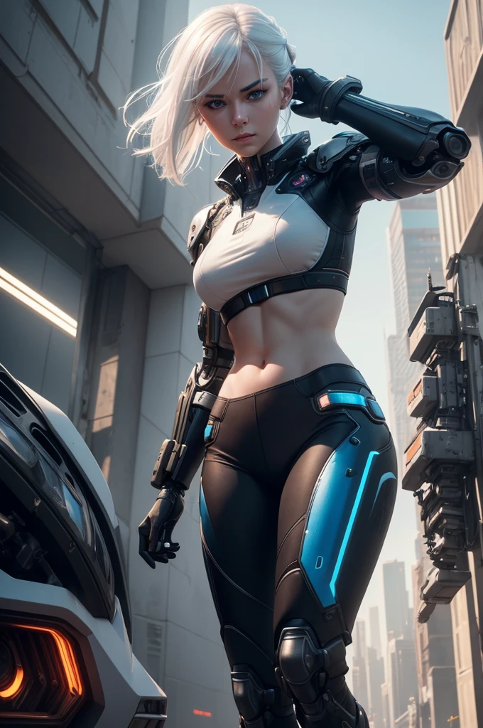 1 girl,white hair,blue eyes,high-tech bra,midriff-baring,1 mechanical battle arm,human arm,pants,high-tech sneakers,serious pose,scene with Mecha Robot beside,(best quality,4k,8k,highres,masterpiece:1.2),ultra-detailed,(realistic,photorealistic,photo-realistic:1.37),highly detailed, intricate, extremely detailed face and body, cinematic lighting, dramatic shadows, vibrant colors, futuristic, sci-fi,mechanical,cyberpunk