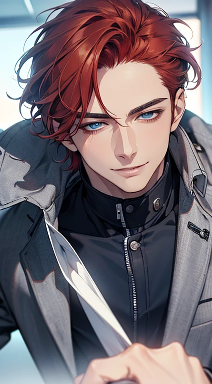 (best quality,8k,photorealistic,cinematic lighting,1:4 hdr image,top view,ultra detailed,masterpiece,beautiful image),(mature man),(very handsome),(short grey red hair),(grey blue eyes),(perfect face without errors),(buttoning his jacket,CEO),(smile in love)