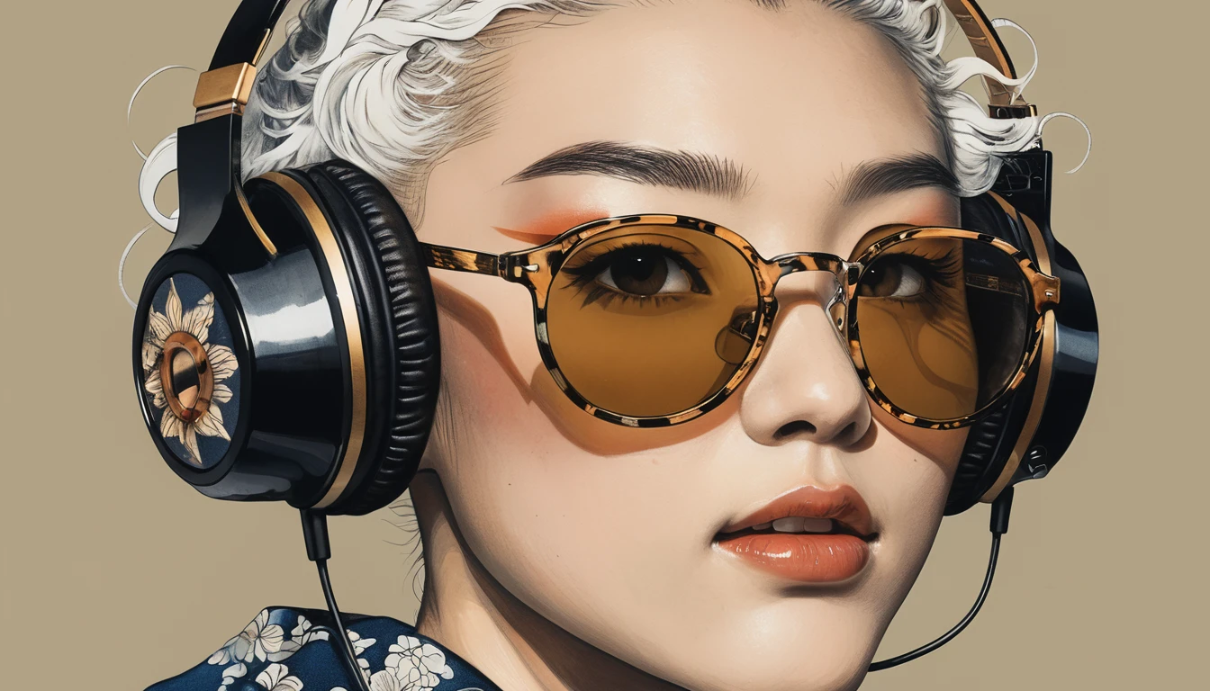 (((Katsushika Hokusai))), ((Japanese)), Light colored sunglasses, Japanese style headphones, straighthair, Horror elements