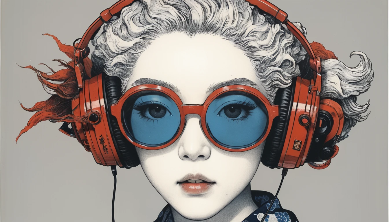 (((Katsushika Hokusai))), ((Japanese)), Light colored sunglasses, Japanese style headphones, straighthair, Horror elements