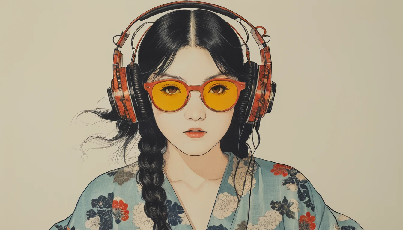 (((Katsushika Hokusai))), ((Japanese)), Light colored sunglasses, Japanese style headphones, straighthair, Horror elements