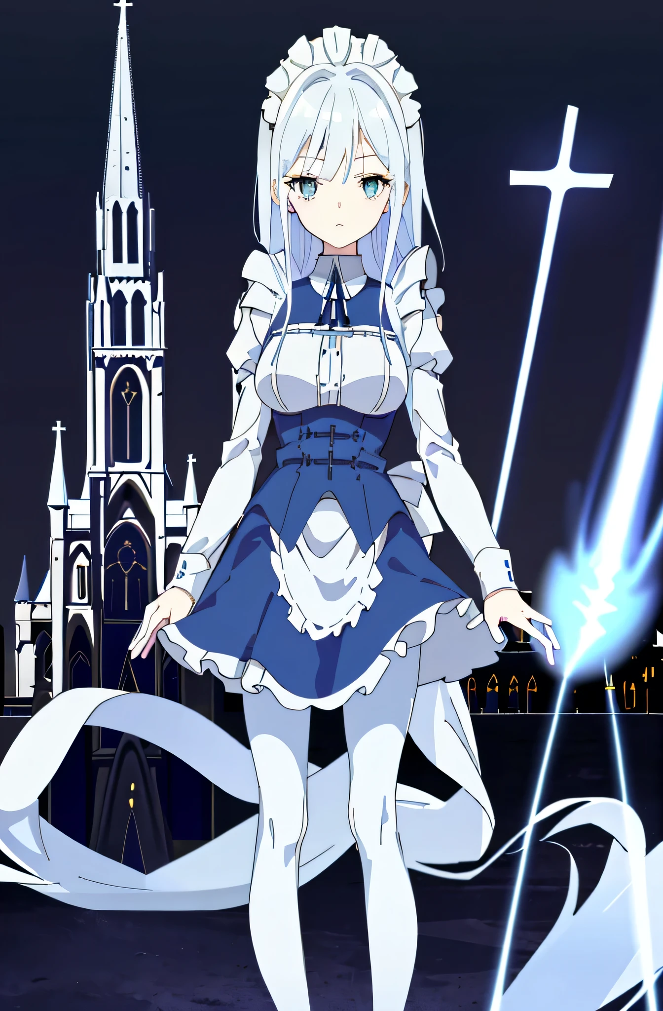 ((cathedral background)),1 girl! Ray tracing, best shadows, high resolution (dim lighting) blue hair, plump and slender girl, (girl wearing white shirt, black wrinkled skirt, with black transparent pantyhose), showing a delicate slim figure and graceful curves, correctly positioned and reasonable limbs! facial details! Delicate facial features, pay attention to the position details of the legs! Pay attention to hand details! High quality! More eligible! Reduce errors, ultra-detailed CG, more reasonable picture! Delicate finger detailing,((blue medium hair)),((White Maid Costume)),blue eyes,((whole body)),whole body,((White Maid Costume)),((White Maid Costume)),evil smile,((cathedral background)),((cathedral background)),