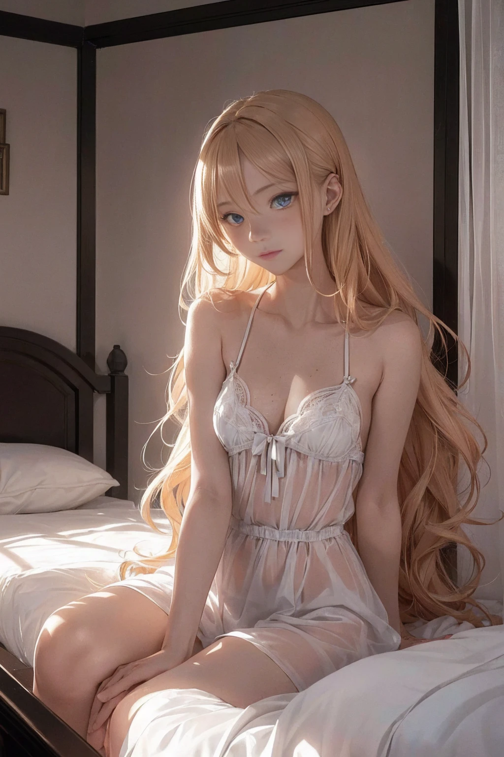 ((1 Female, 1 person, Solitary) Alice, Humanity, Long curly blond hair, blue eyes, freckle, ager, 18 years, Rebirth_ongoing) (Main Part, Super detailed, 8K, (HD, Sunlight:0.5, Soft_shadow:0.5, atmosphere_light, 8K, 4K, Surrealism, elegant, ((((Appearance)))), Soft Ton, 柔和的light))(((Dark, Chiaroscuro)))whole body,Lying in bed