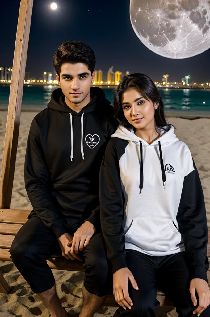 There are 20 Year old couple sitting if front c swing in the Dubai beach beautiful greenery wearing a black and white hoodie, boy with n "Aman" write on it,girl with name "Melana" on it lovely couple, sitting on a moon, heart emoji, holding hands in the moonlight realistic painting detail photo