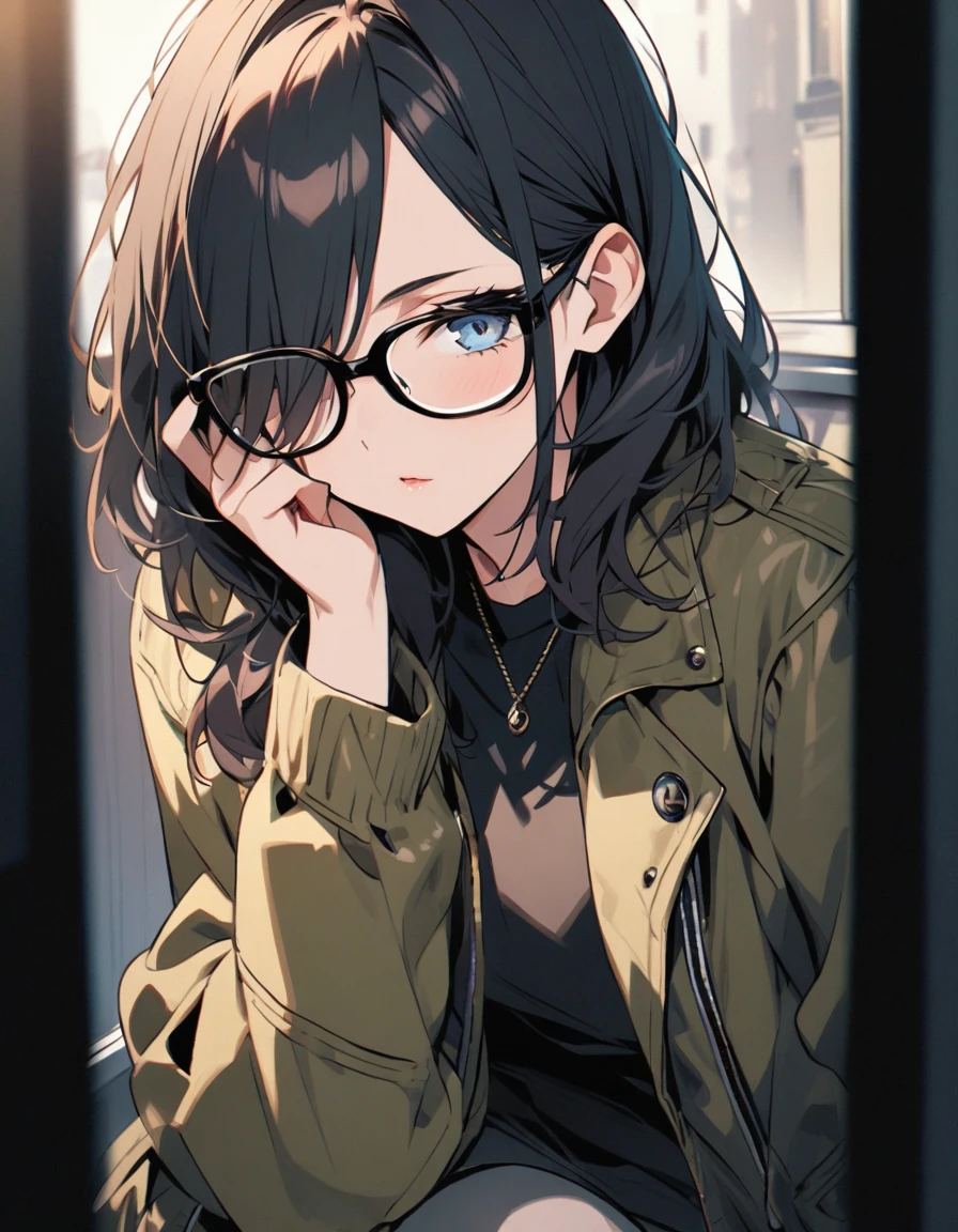 diagonal, bright、Glasses、woman、Jacket、Hiding one eye、stylish
