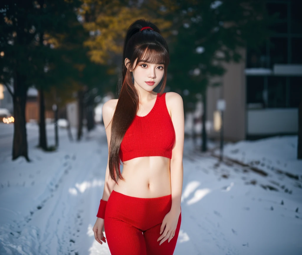 Close-up of a long-haired woman wearing a red sweater, The ponytail has bangs like Lisa&#39;s.),Anime girls in real life, Realistic young gravure idol, Close-up, realistic anime, beautiful korean girl, Attractive anime girl, Japanese girl,straight face, face focus), (Highest quality:1.4 3 D 8K, 45,000,000,000,pixels,),(Masterpiece:1.3),(sharp focus:1.2), (The ponytail has bangs like Lisa&#39;s.),glowing face, (Red cheeks:1.3), standing walking outdoors