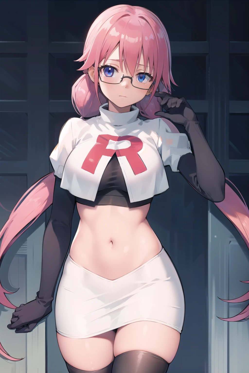 airisakura, airi sakura, blue eyes, glasses, long hair, pink hair, (low twintails:1.5),
BREAK glasses, team rocket,team rocket uniform,white skirt,red letter R,crop top,black thigh-highs,black elbow gloves,
BREAK looking at viewer,
BREAK (masterpiece:1.2), best quality, high resolution, unity 8k wallpaper, (illustration:0.8), (beautiful detailed eyes:1.6), extremely detailed face, perfect lighting, extremely detailed CG, (perfect hands, perfect anatomy),