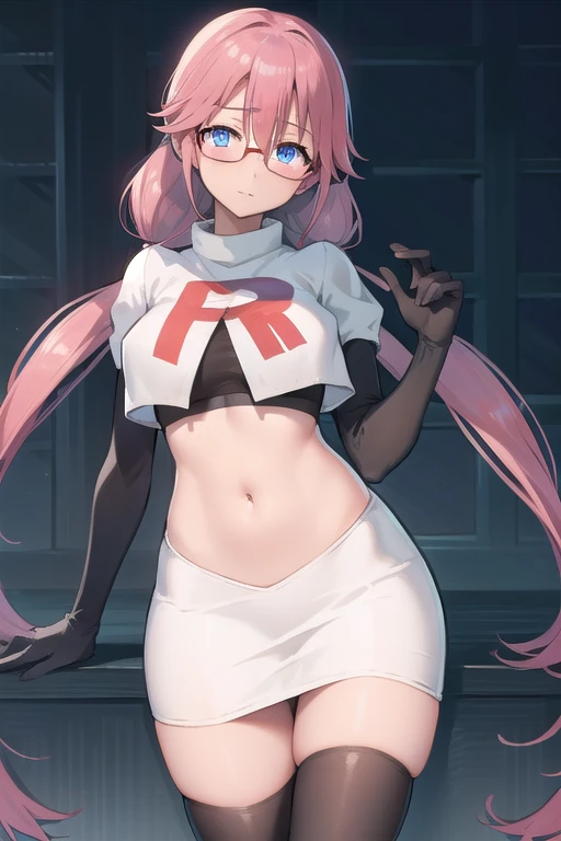 airisakura, airi sakura, blue eyes, glasses, long hair, pink hair, (low twintails:1.5),
BREAK glasses, team rocket,team rocket uniform,white skirt,red letter R,crop top,black thigh-highs,black elbow gloves,
BREAK looking at viewer, 
BREAK (masterpiece:1.2), best quality, high resolution, unity 8k wallpaper, (illustration:0.8), (beautiful detailed eyes:1.6), extremely detailed face, perfect lighting, extremely detailed CG, (perfect hands, perfect ???????),