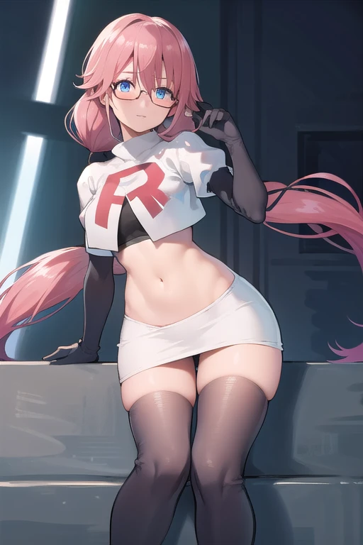 airisakura, airi sakura, blue eyes, glasses, long hair, pink hair, (low twintails:1.5),
BREAK glasses, team rocket,team rocket uniform,white skirt,red letter R,crop top,black thigh-highs,black elbow gloves,
BREAK looking at viewer, 
BREAK (masterpiece:1.2), best quality, high resolution, unity 8k wallpaper, (illustration:0.8), (beautiful detailed eyes:1.6), extremely detailed face, perfect lighting, extremely detailed CG, (perfect hands, perfect anatomy),