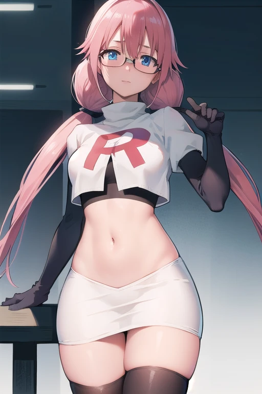 airisakura, airi sakura, blue eyes, glasses, long hair, pink hair, (low twintails:1.5),
BREAK glasses, team rocket,team rocket uniform,white skirt,red letter R,crop top,black thigh-highs,black elbow gloves,
BREAK looking at viewer,
BREAK (masterpiece:1.2), best quality, high resolution, unity 8k wallpaper, (illustration:0.8), (beautiful detailed eyes:1.6), extremely detailed face, perfect lighting, extremely detailed CG, (perfect hands, perfect anatomy),