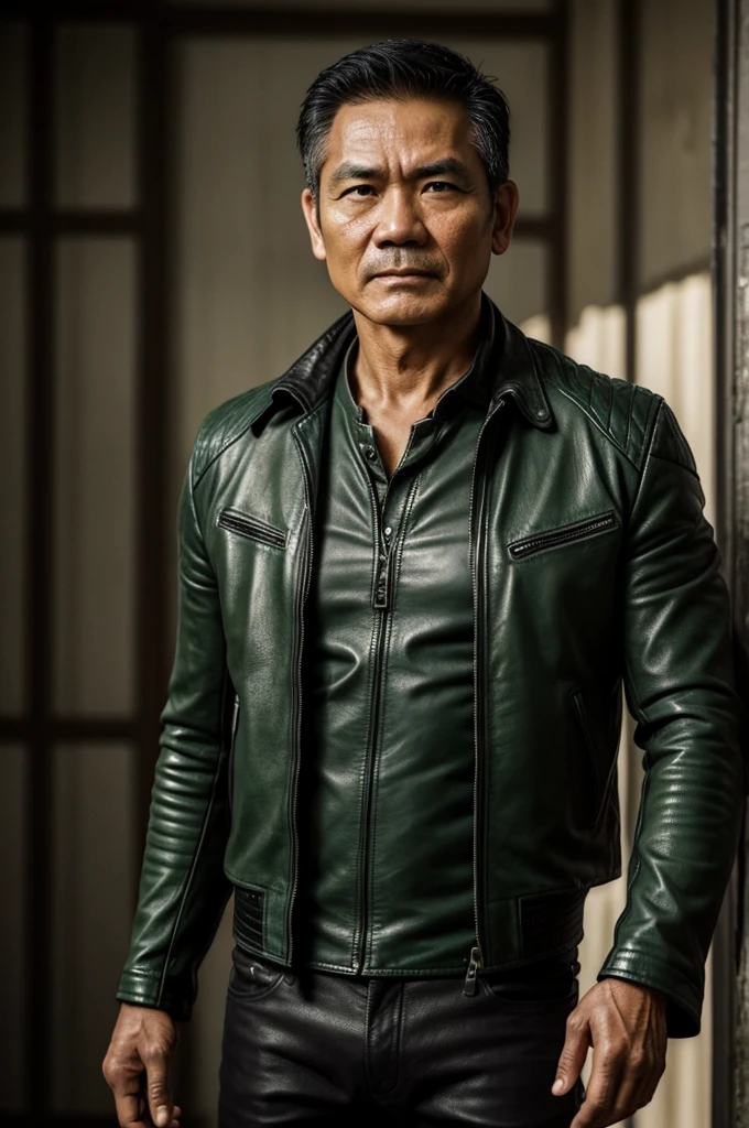 make character of my action film and his name is " Jim ". This man is filipino in age of 53 and attractive because of nose and eyebrow. Wearing leather jacket color dark green and holding pistol. The facial expression of this man is normal, not smiling, not sad. 