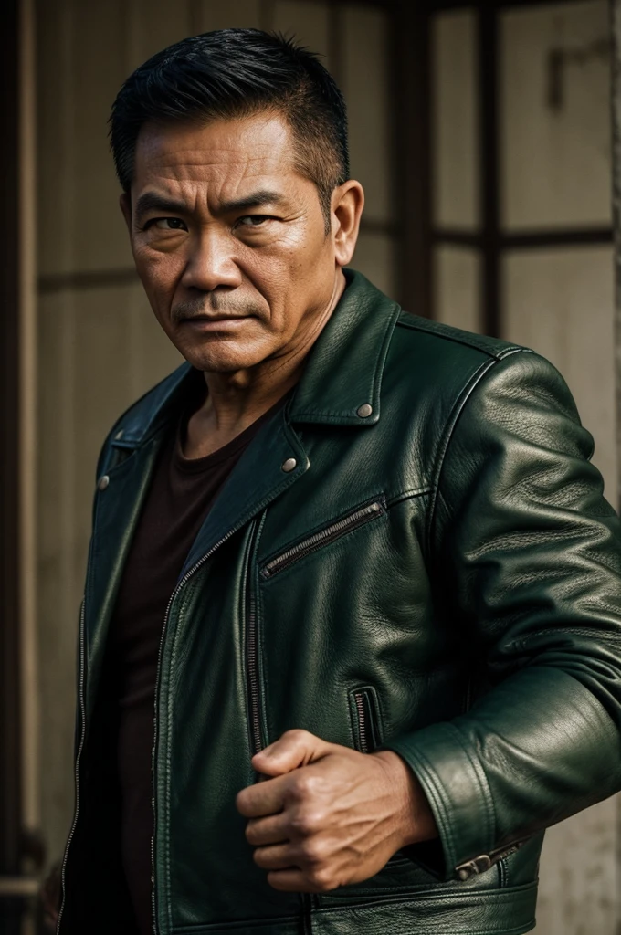 make character of my action film and his name is " Jim ". This man is filipino in age of 53 and attractive because of nose and eyebrow. Wearing leather jacket color dark green and holding pistol. The facial expression of this man is normal, not smiling, not sad.