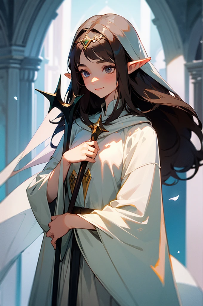 female, 5’3, Elven princess, medium long dark brown hair and eyes, small markings under her eyes, pointy ears, white skin, holding a beautiful silver trident. White cloak, a light aesthetic. Optimistic, kind, soft, attractive, has healing magic, smiling.