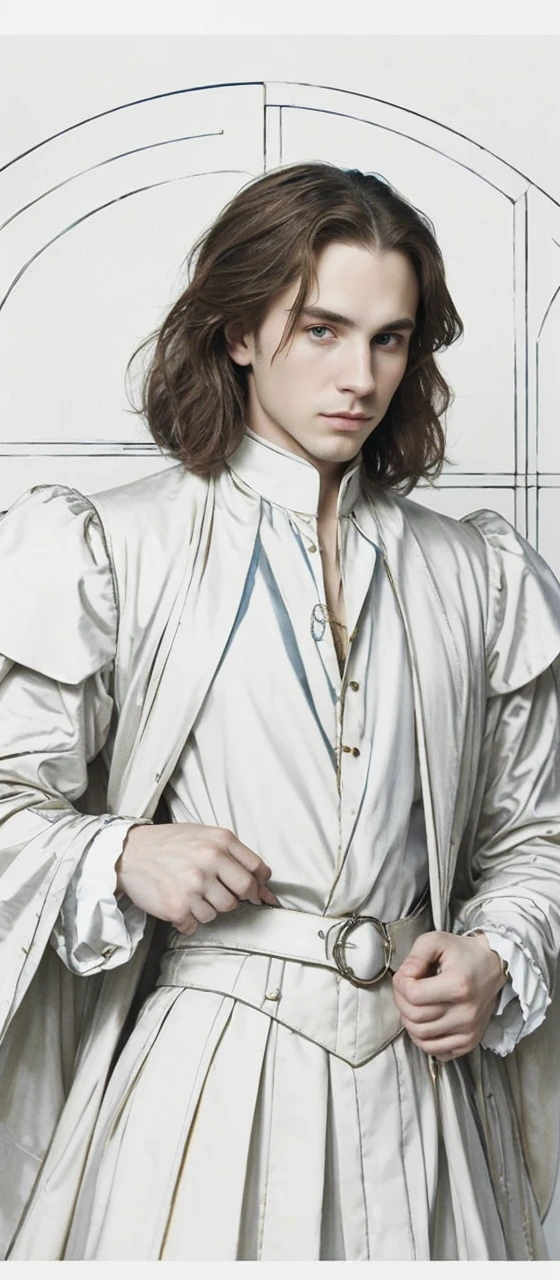 Portrait of Christopher Marlowe, white skin, piercing icy blue eyes, silky golden-brown hair, refined features, charp jawline, clean shaved, black Elizabethan velvet jerkin, white laced shirt, Art Nouveau style, Mucha style, Mucha background, realism, high quality