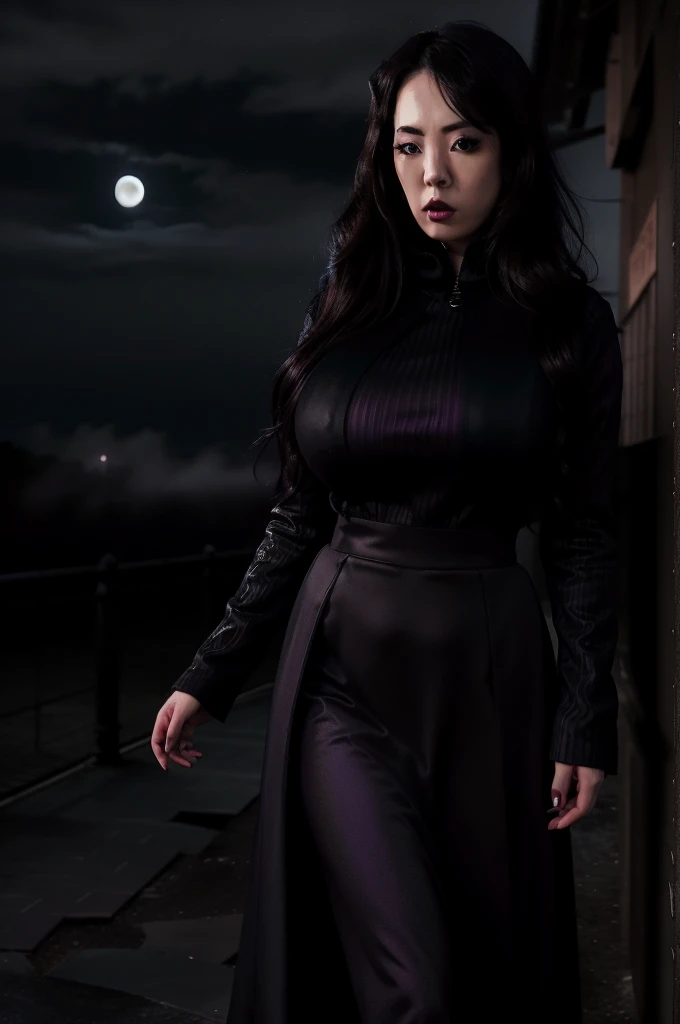 photo realist, horror themed, Underworld Theme, dark element, high quality realistic masterpiece,1 girl, (comely) Japanese woman,Chloe Cherry Lips, lip filler, face detailed, 27 year old, symmetrical eyes,symmetrical face,subtle vampire fangs, violet eyes, long wavy black hair, walking in the dark, misty, misty, moonlit alley,Cloudy moon room in sky in background, moonlit,with fog and shadows, frightful,natta,cinematic lighting,Dress conservatively, wearing a deep purple lace top & black double breasted coat (buttoned up) black closed coat, black medium length black skirt., Fix your hands, Detailed lips