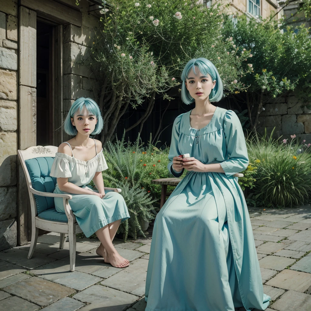 light blue hair, cake strip, Cute green eyes, Beautiful Mouth, 1,60, medium chest, sitting on a large chair in a courtyard