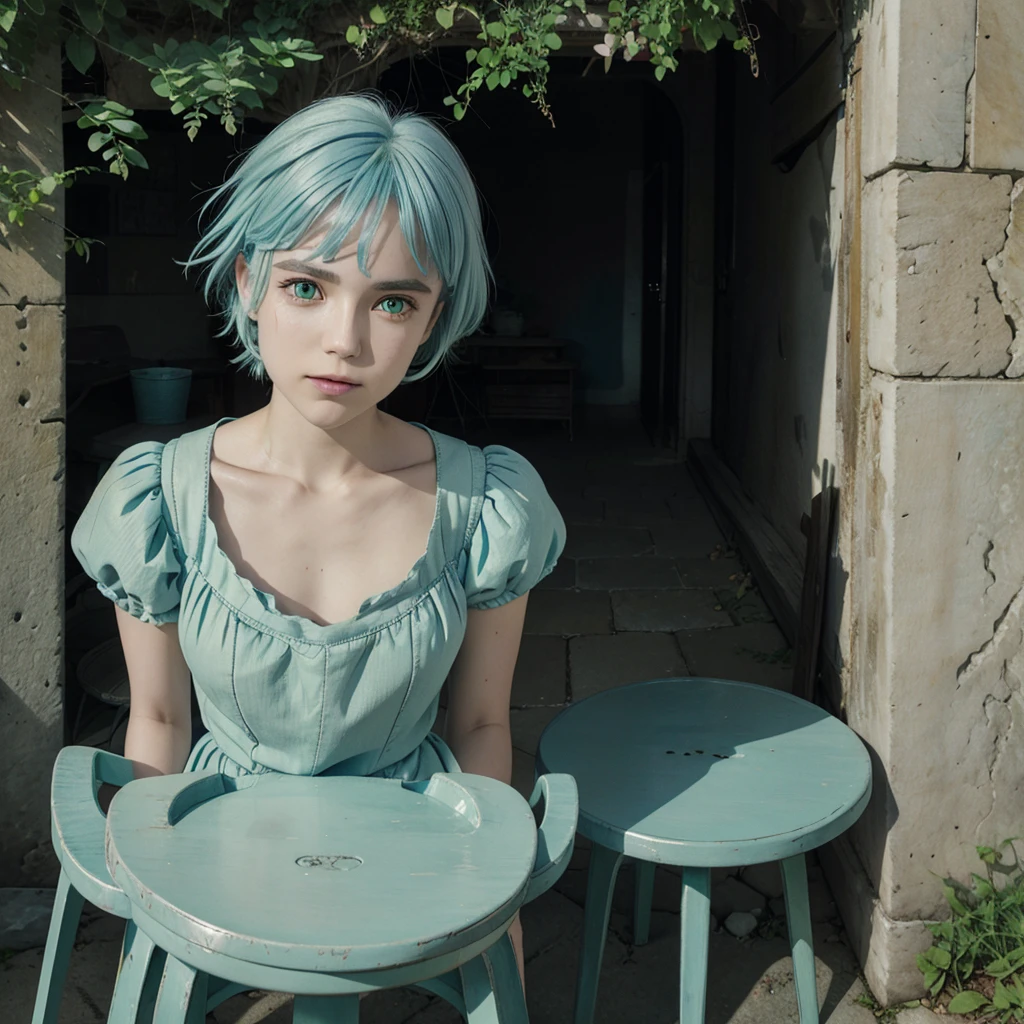 light blue hair, cake strip, Cute green eyes, Beautiful Mouth, 1,60, medium chest, sitting on a large chair in a courtyard