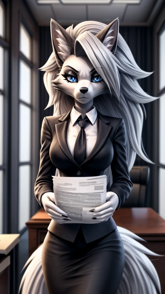 Loona from Helluva Boss, female wolf, anthro, adult, white hair, blue eyes, office outfit, handing over a paper, standing, serious, detailed, solo, beautiful, high quality, 4K