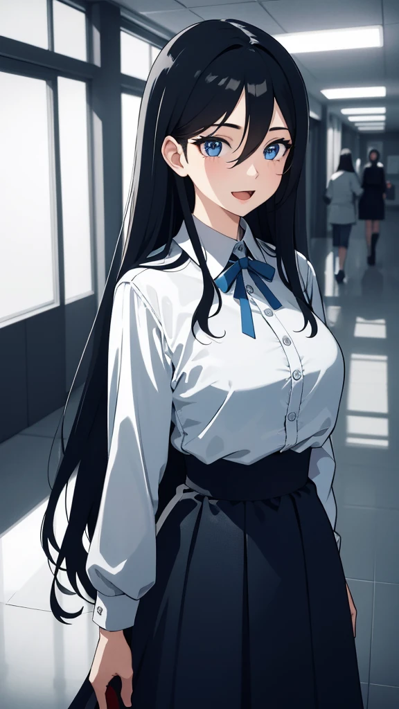 (masterpiece), (best quality), (ultra-detailed), ((girl, 29 years old)), an extremely delicate and beautiful, detailed eyes, minute details, (black hair, long hair, straight hair, hair between eyes), ((big breasts)), smile, open mouth, ((beautiful eyes)), (blue eyes), (upper body), she is wearing a blue dress, (detailed clothes), (detailed background, in a hospital, hospital hallway), (monochrome)