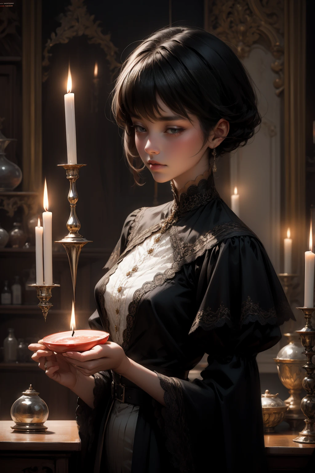 {-erro_de_anatomia:1.0} woman 30 years old, black victorian dress, brown eyes, black hair, short hair, bang, 1968s style, on the saloon, baile, looking at viwer, upper body, dark background, candles, witchcraft, dinamic poses, magic, potions, wearing red lipstik