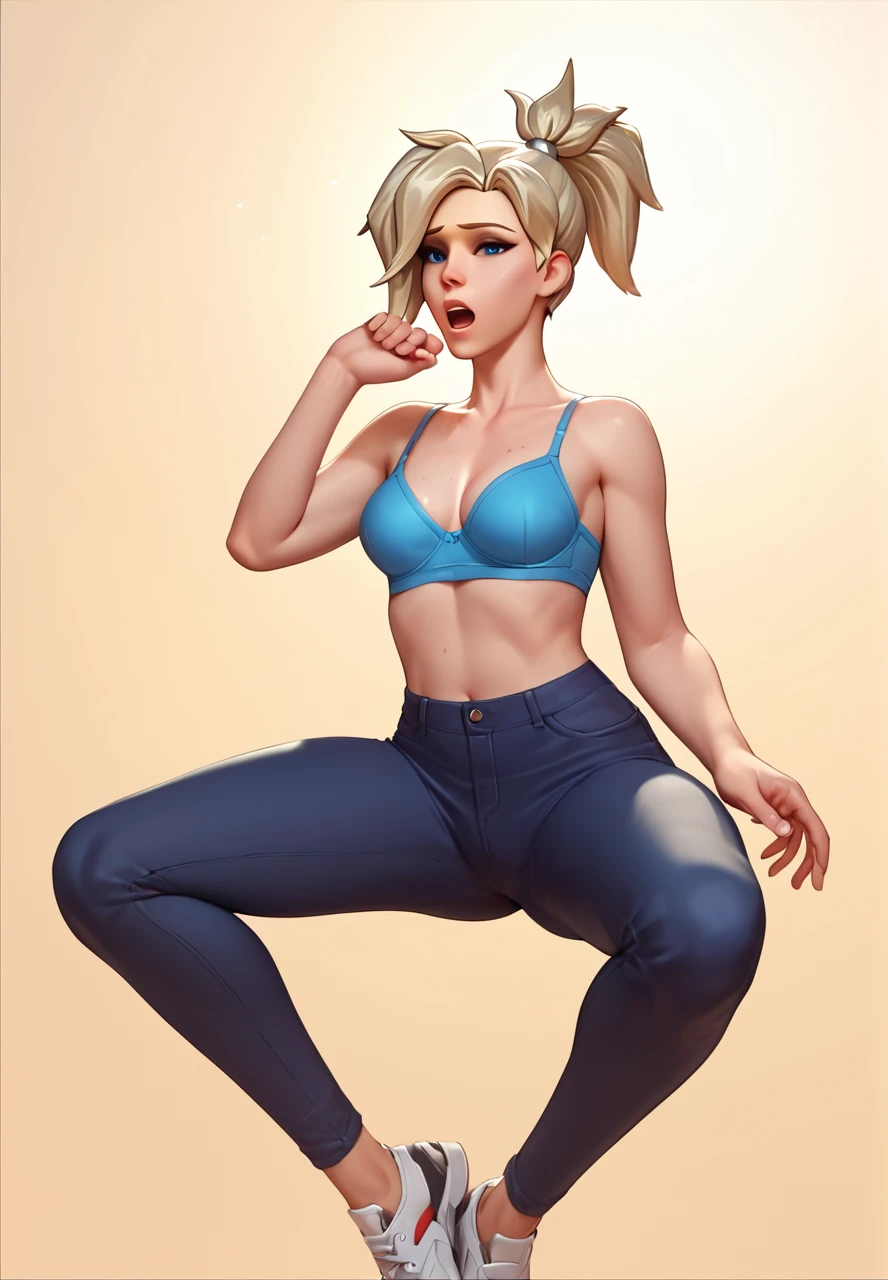 score_9,score_8_up,score_7_up,score_6_up ,source_overwatch score_9, score_8_up, score_7_up,  1woman, solo, mercy \(overwatch\), high quality,open hair long hair, blue bra, blue panty, (((put hand inside pants))), ecstasy face, open mouth