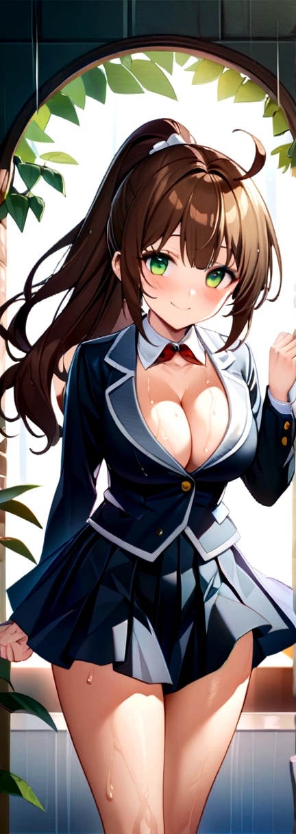masterpiece, Highest quality, Official Art, (Highly detailed CG Unity 8k wallpaper), Detailed Background, (The Hands of Guido Daniele: 1.1), The legs are detached from the frame, First Person View, 1, Attractive and perfect beautiful woman, high school girl, JK, high school girl Uniform, Wet day, Lots of rain, the wind is strong, (Curvaceous), ( White thighs: 1.12), (Brown long hair: 1.12), (Ahoge (1.13), (High Ponytail: 1.12), (Green Eyes: 1.13), big, (Cleavage), Beautiful Face, (blush: 1.11), (smile: 1.11)