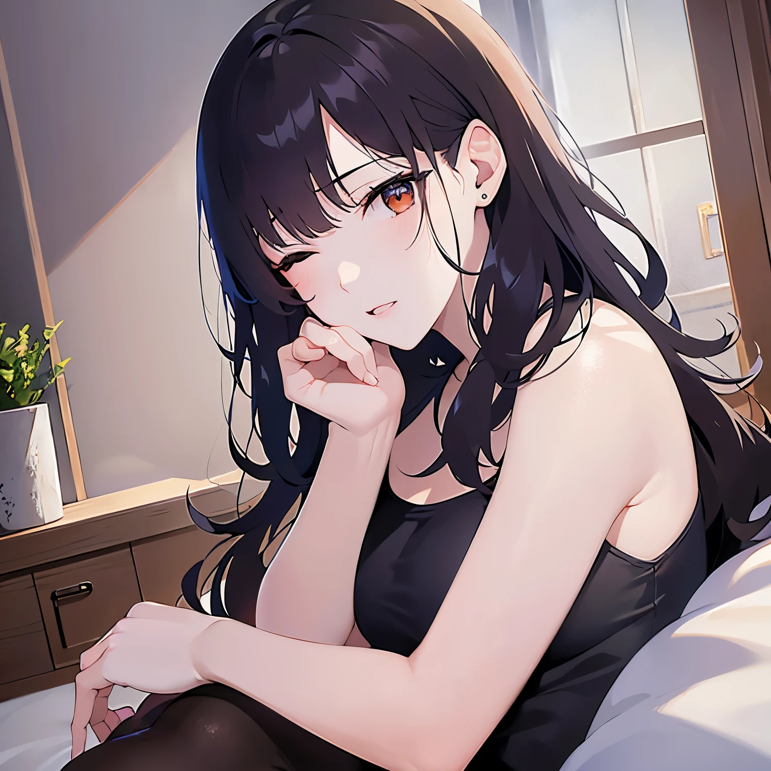 lookin at viewer,Upper Body, hand over own mouth,one eye closed
Realistic, real person, (pale skin: 1.2), RAW photo, photorealistic, shiny skin, shiny hair、
(A 25-year-old woman with medium-length hair and bangs) and (wavy hair) and (brown hair) and (Orange Eyes)
、o3o,
Tank top,The background is the living room at night