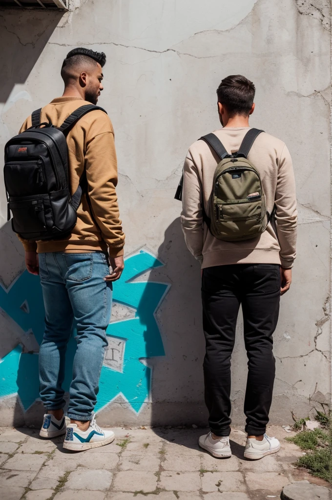 (Foto RAW de whole body), (two men with their backs turned) with the (naked ass) (show their ass) (Destroyed dirty bathroom) against one (concrete wall with graffiti). They both carry (backpacks) and (Casual clothes). The man on the left wears a (brown sweatshirt) and se baja los pantalones mostrando su culo). The man on the right is wearing a (colorful jacket) and (black shorts). The wall shows a (detailed graffiti) (Cracked cement floor), (vegetation on the edge of the wall), (8k hd), (DSLR), (natural lighting), (high quality), (film grain), (Fujifilm XT3), (whole body), (back view).