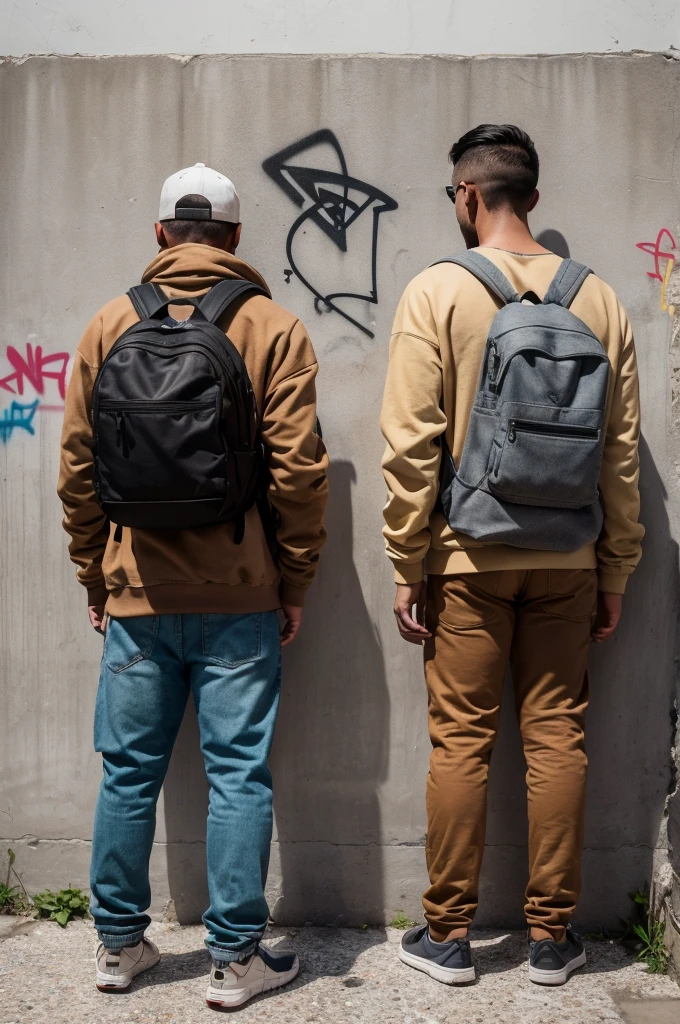 (Foto RAW de whole body), (two men with their backs turned) with the (naked ass) (show their ass) (Destroyed dirty bathroom) against one (concrete wall with graffiti). They both carry (backpacks) and (Casual clothes). The man on the left wears a (brown sweatshirt) and se baja los pantalones mostrando su culo). The man on the right is wearing a (colorful jacket) and (black shorts). The wall shows a (detailed graffiti) (Cracked cement floor), (vegetation on the edge of the wall), (8k hd), (DSLR), (natural lighting), (high quality), (film grain), (Fujifilm XT3), (whole body), (back view).