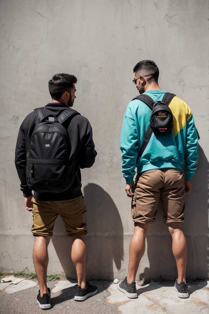 (Foto RAW de cuerpo intero), (two men with their backs turned) (naked ass) (show their ass) withtra una (pared de withcreto with grafiti). They both carry (backpacks) and (Casual clothes). The man on the left wears a (brown sweatshirt) and (black shorts). The man on the right is wearing a (colorful jacket) and (black shorts). The wall shows a (detailed graffiti of a male face) in (warm tones) with (an orange hat). (Piso de ceminto agrietado), (vegetation on the edge of the wall), (8k hd), (DSLR), (natural lighting), (high quality), (film grain), (Fujifilm XT3), (cuerpo intero), (back view).