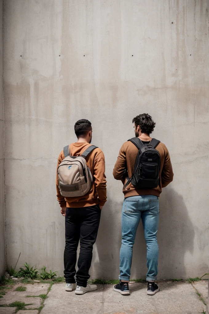 (Foto RAW de whole body), (two men with their backs turned) with the (naked ass) (show their ass) (Destroyed dirty bathroom) against one (concrete wall with graffiti). They both carry (backpacks) and (Casual clothes). The man on the left wears a (brown sweatshirt) and se baja los pantalones mostrando su culo). The man on the right is wearing a (colorful jacket) and (black shorts). The wall shows a (detailed graffiti) (Cracked cement floor), (vegetation on the edge of the wall), (8k hd), (DSLR), (natural lighting), (high quality), (film grain), (Fujifilm XT3), (whole body), (back view).