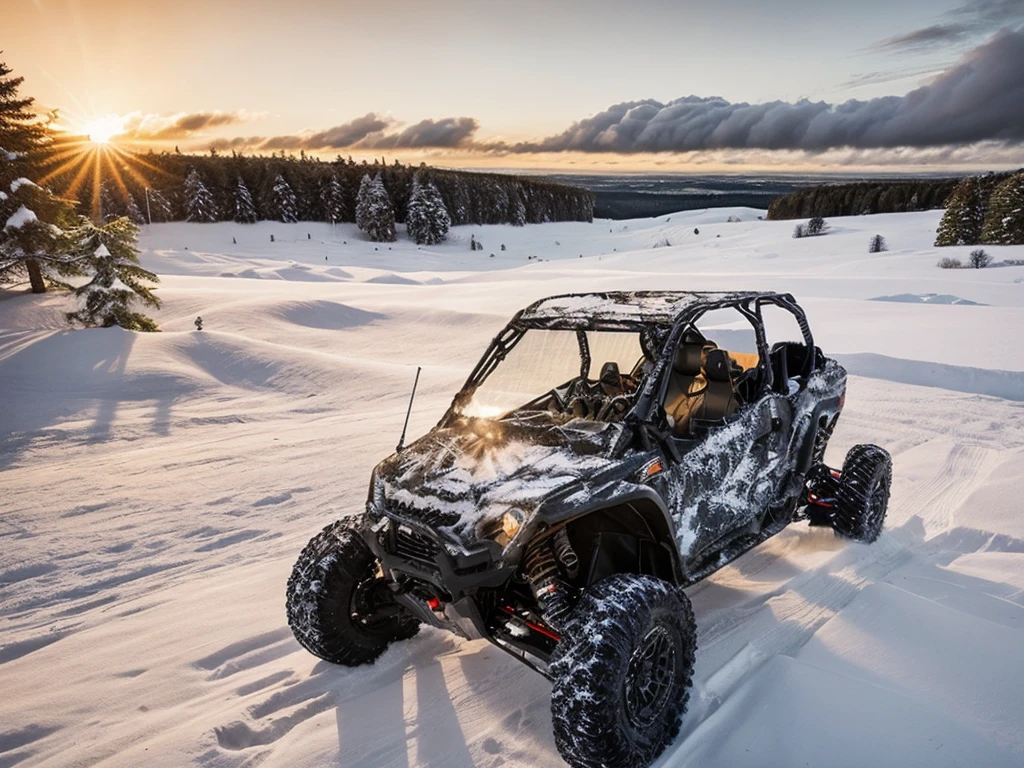 Photos of off-road vehicles, winter，forest, snowflake，cold，Sunset, cloud，Real light，HD，Realistic details