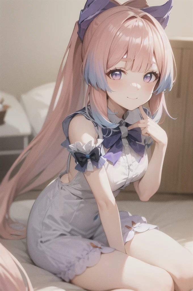  (Realistic painting style:0.9), masterpiece, best quality,  absurdres, looking at viewer, solo, sangonomiya kokomi, no pupils, maid costume, 1girl, solo, food, pink hair, bow, purple bow, looking at viewer, purple eyes, bowtie, multicolored hair, ponytail, long hair, indoors, frills, blush, purple bowtie, hair bow, bow-shaped hair, blunt bangs smile, sidelocks, blue bow, upper body, gradient hair, light particles, blue hair, wave at viewer, village, morning,