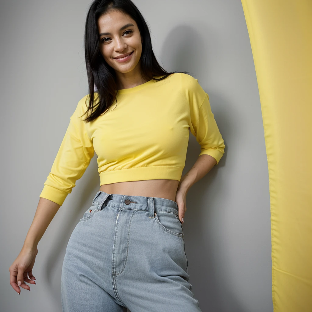 woman, Brazilian, 35 years old, straight black hair, captivating but modest smile.  He is wearing a long-sleeved yellow shirt and high-waisted blue pants.
wears white nail polish, posing with one hand on her waist and the other at her side. The dark gray background of the photo highlights your profile
High-quality, hyper-realistic image, 8K Ultra HD