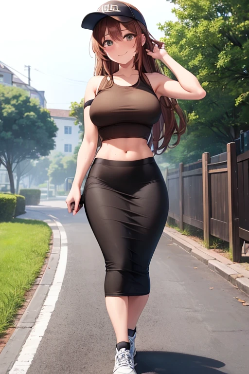 1girl, woman wearing brown t-shirt, crop top, tight midi pencil skirt black, long length pencil skirt, modest skirt, long brown hair, looking at viewer, full body, walking, smile, blush, sneakers and socks, garden, summer, visor, large bust, holding water bottle, sweat